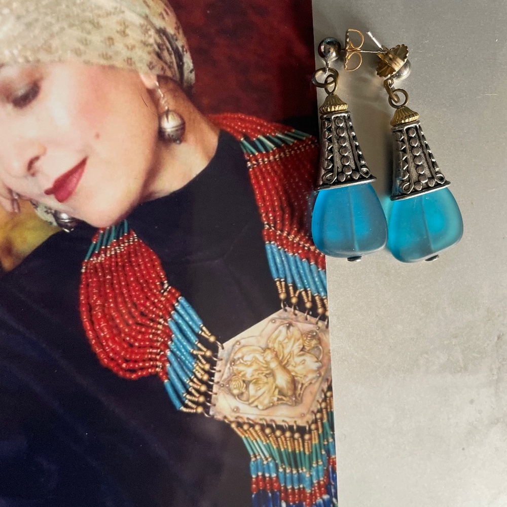 Designer Masha Archer Blue Frosted Resin Bell Earrings with Ornate Silver Caps